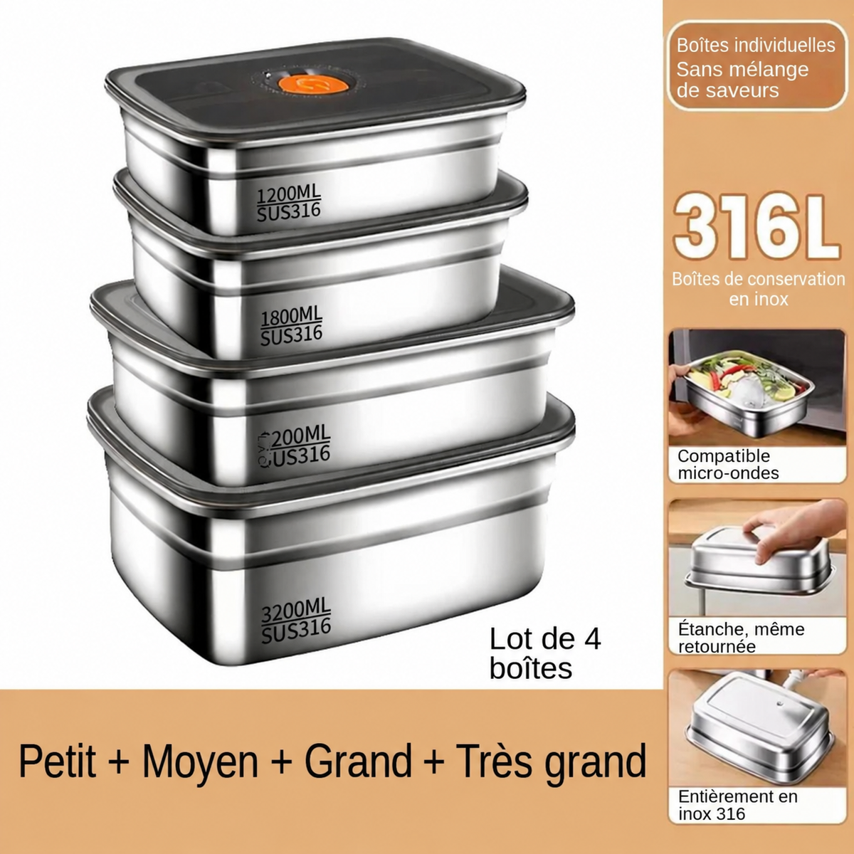 Boîte à Bento en Acier Inoxydable 304 Anti-Fuite « Frigo & Congélateur »