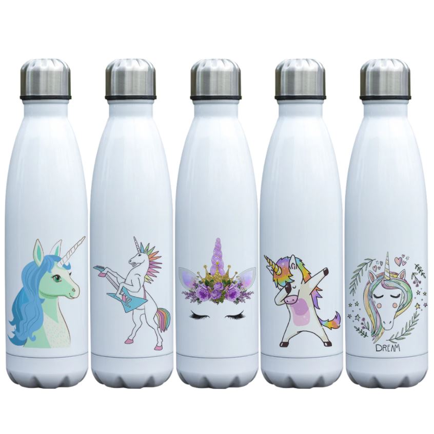 cinq motifs de gourdes inox motif licorne