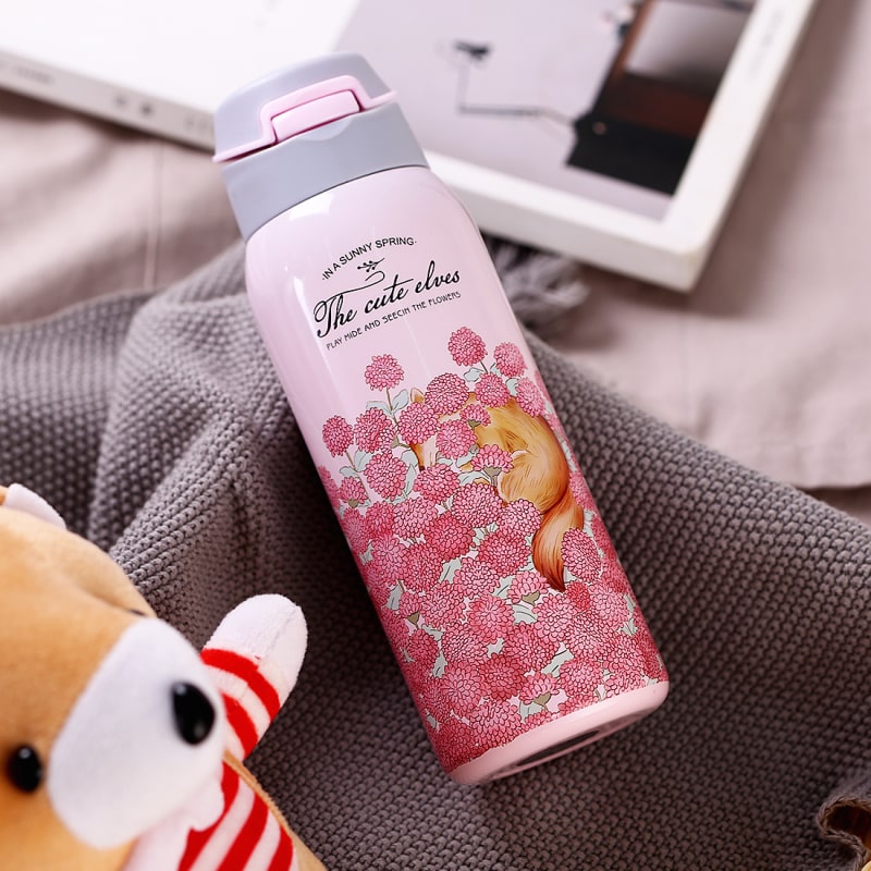 gourde inox nature fleurie rose