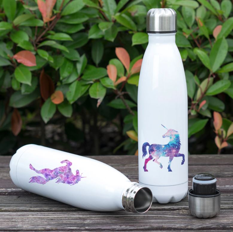 bouteille isotherme motif licorne étoilée et licorne cristalline