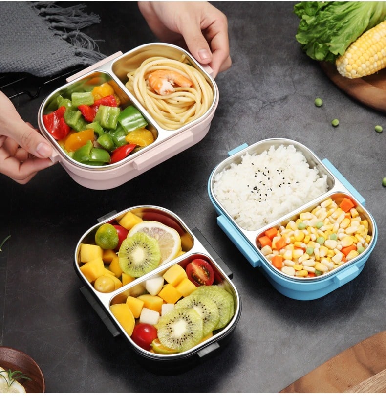 bento bleu gris et rose avec nourriture