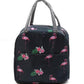 sac isotherme repas noir au motif flamants roses et fleurs